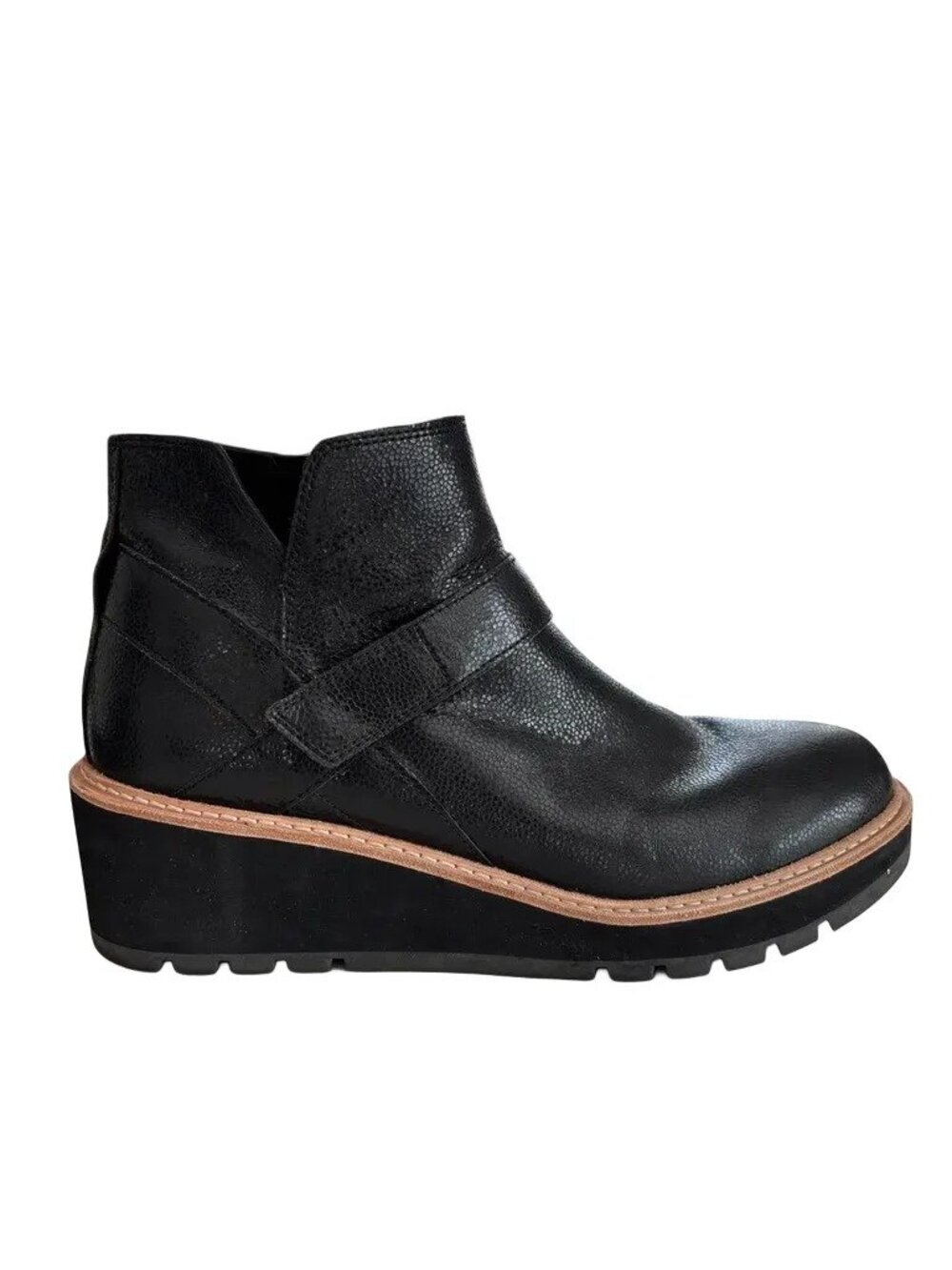 EILEEN FISHER Cargo Embossed Leather Platform Wedge Ankle Bootie Black SZ 11